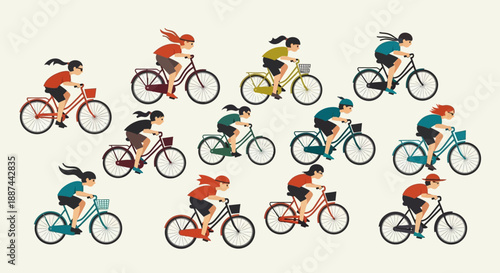 Cyclists Riding Bicycles in Various Poses.
