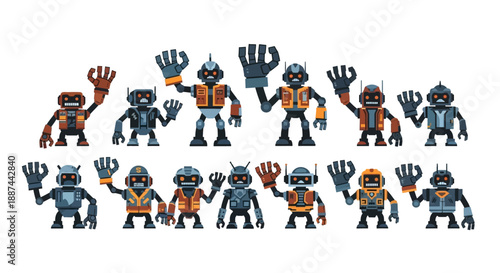 Collection of Various Robot Figures with Raised Hands.