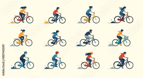 Cyclists Riding Bicycles in Various Poses.