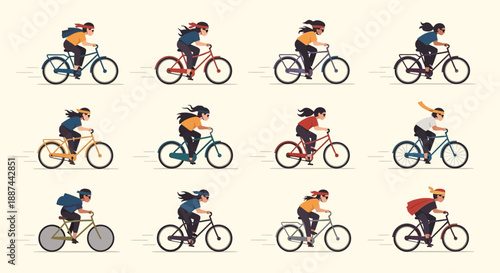 Cyclists Riding Bicycles in Various Positions.