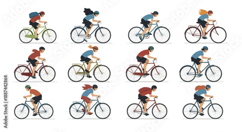 Cyclists Riding Bicycles in Various Positions.