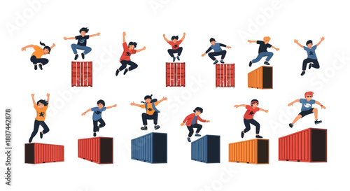 People Jumping on Colored Shipping Containers.