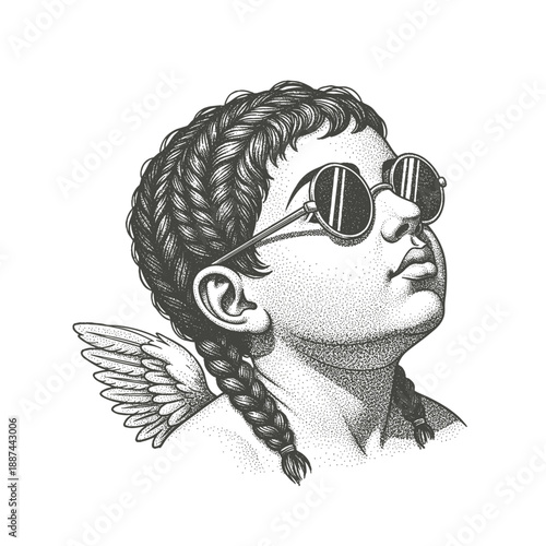Foto Classical Engraving Sketch of Cupid Angel with Wings Drawing