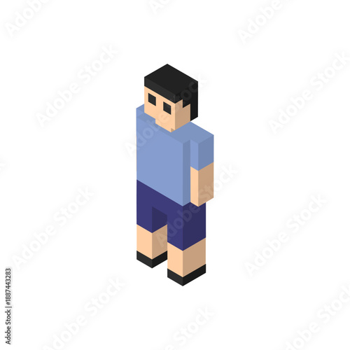 アイソメトリックで描かれたブロック風の青い服を着た子どものイラスト