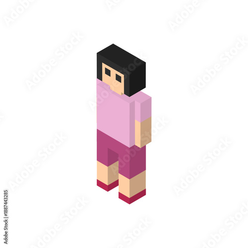 アイソメトリックで描かれたブロック風のピンクの服を着た子どものイラスト