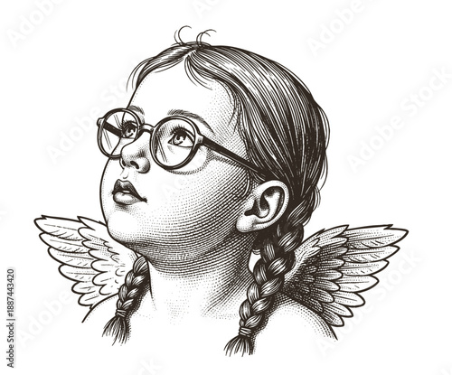 Fotografie Classical Engraving Sketch of Cupid Angel with Wings Drawing