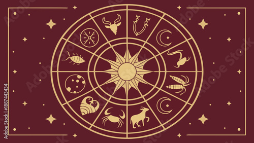 MYSTICAL ASTROLOGY WHEEL: Celestial Zodiac Symbols and Sunburst in Elegant Gold and Maroon Flat Vector