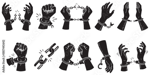 Collection of black silhouette illustrations depicting hands breaking free from chains and handcuffs, symbolizing freedom and liberation.