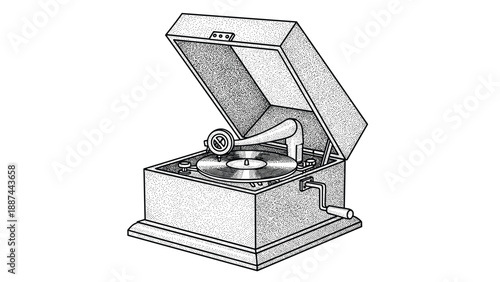 Antique gramophone with an open lid and a vinyl record is illustrated in a detailed stippled drawing style on a white background.
