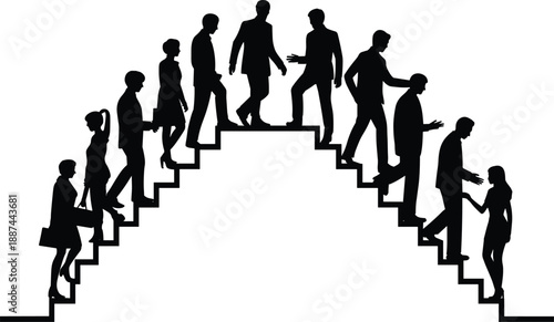 Business silhouettes, staircase peak, professional interaction, corporate motion, symmetrical composition, hierarchy concept, teamwork symbolism, black vector, career path, office dynamics