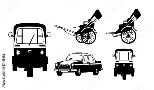 Indian transport vehicles vector set with auto rickshaw taxi tuk tuk and hand pulled rickshaw flat illustration