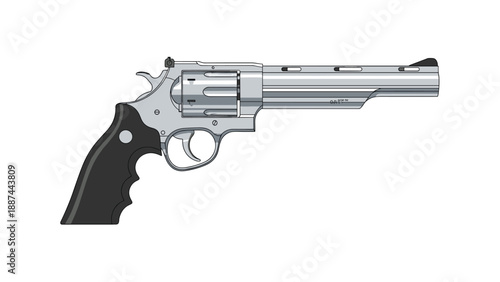 Shiny silver revolver with a textured black grip and a long barrel is illustrated in a detailed and realistic side view.