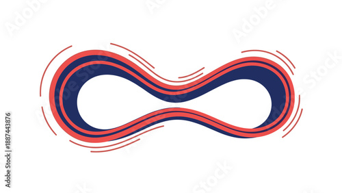 Stylized infinity symbol with red and dark blue swirling lines suggests continuous movement and eternal flow in an abstract design.