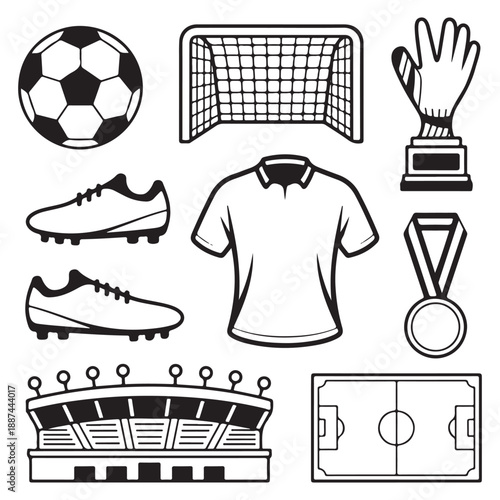 Complete Soccer Vector Illustration Set – Ball, Goal, Jersey, Boots, Trophy & Stadium