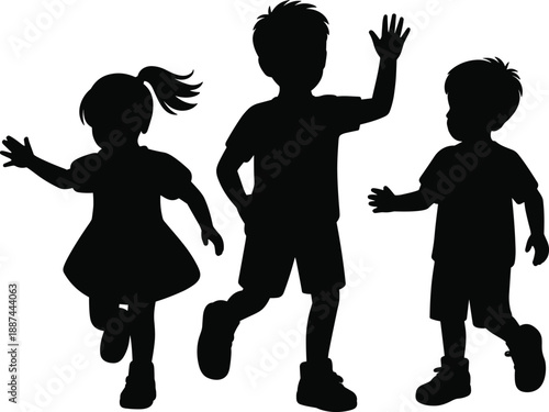Children silhouette, playful motion, running kids, black and white art, childhood activity, dynamic pose, interaction scene, vector design, happy moment