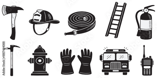 Collection of firefighter equipment icons, including an axe, helmet, hose, ladder, extinguisher, hydrant, gloves, truck, and radio.