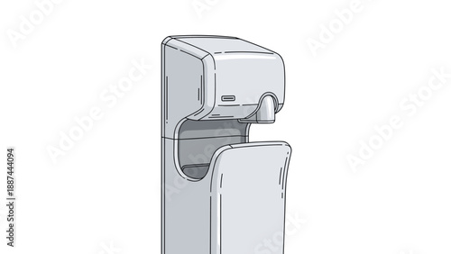 Modern automatic hand dryer with a sleek white design is illustrated for use in public restrooms and hygiene-focused facilities.