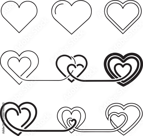 Black and white heart shapes in various styles and combinations hearts outline
