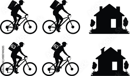 PrintDelivery cyclist silhouette, house icon, courier service, bike transport, logistics graphic, number 63, urban delivery, black design, fast shipping, minimal art