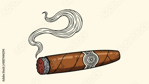 Lit brown cigar with a decorative band and a wisp of smoke is illustrated in a classic hand-drawn style on a beige background.