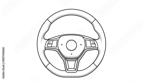 Modern car steering wheel with buttons and integrated controls is shown in a top-down view for automotive-themed designs.