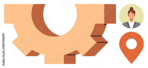 Teamwork, navigation, system integration, workflow management, location services, organizational structure. Large gear, woman profile avatar orange map pin. Teamwork and navigation concepts