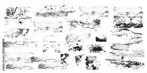 Abstract set of black grunge textures, distressed overlays, and cracked elements isolated on white Ideal for graphic design and creating aged effects
