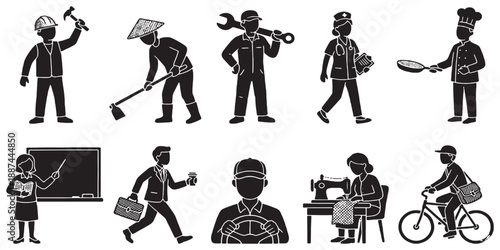 Collection of diverse professions and occupations represented by silhouette icons, illustrating various jobs and careers.