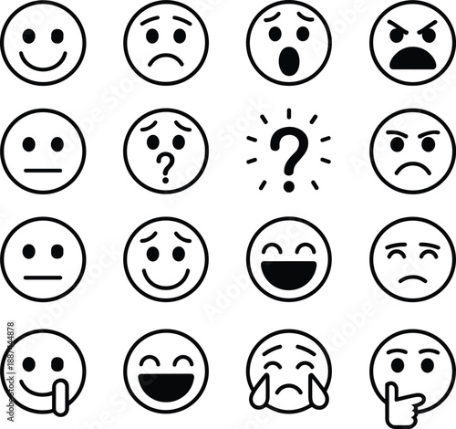 Emoticon faces icon set, various emotions expressions, smiley symbols collection, black outline emoji, user interface reaction design