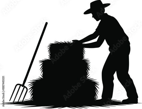 Farmer silhouette, hay bales, pitchfork scene, agricultural labor, rural work, black vector, farm tools, harvest moment, countryside task, manual stacking