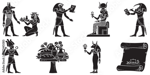 Collection of ancient Egyptian hieroglyphs and deities depicted in black silhouette style.