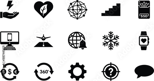 Modern business technology and interface icons set with finance health devices communication system symbols minimal vector
