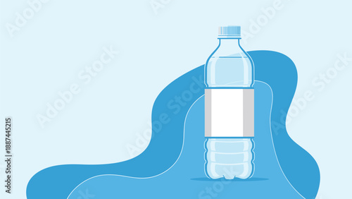 Clear plastic water bottle with a white label and blue cap is illustrated against a blue abstract background for health themes.