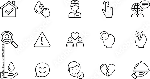 Outline user interface icons set for communication security healthcare emotions alerts navigation and customer support app design systems