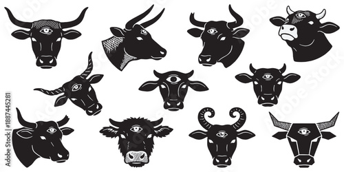 Collection of stylized black bull and cow heads with a third eye symbol on their foreheads, isolated on white background.