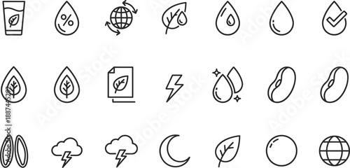 Natural eco skincare and sustainability icons set with leaves water droplets weather symbols organic environment vector