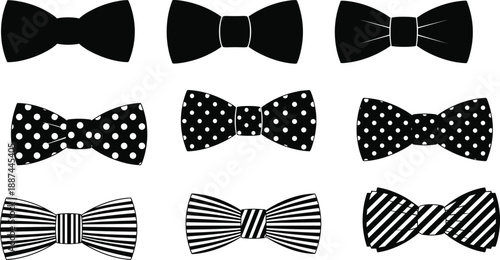 Bow tie silhouettes set classic menswear accessories black and white patterned bowties elegant formal fashion icons isolated vector collection