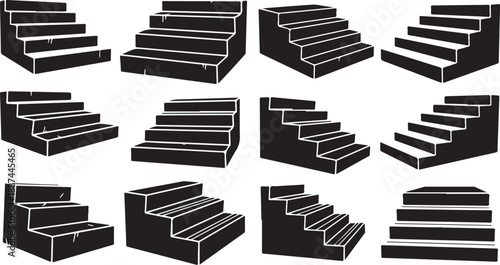 Various Staircase Steps and Angles in Black and White