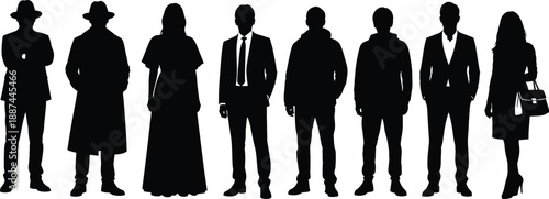 Business people silhouettes standing in a row, professional men and women teamwork concept, corporate identity, anonymous office workers isolated on white background