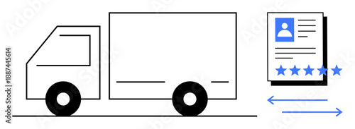 Delivery truck paired with customer profile featuring ratings and reviews, representing transportation, logistics, feedback, service tracking, customer satisfaction, and supply chain management