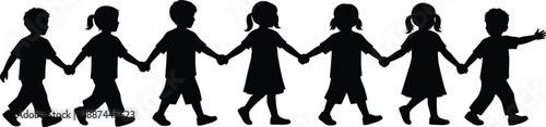 Children silhouettes holding hands in line isolated on white background representing friendship unity teamwork childhood education community illustration concept