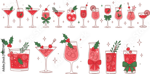 Christmas cocktails illustration set festive holiday drinks with berries bows and ice cute hand drawn winter beverages for party menu greeting design