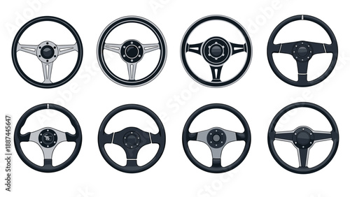 Collection of eight different car steering wheels in various styles, from classic to modern, is shown for automotive contexts.