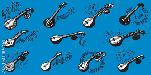 Collection of diverse stringed musical instruments with musical notes emanating from them on a blue background.