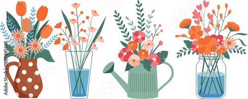 Colorful floral bouquet illustration set flowers in vases and watering can modern flat design spring summer decor botanical arrangement vector collection