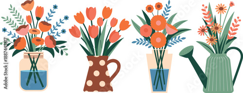 Cute floral bouquets in vases illustration set colorful spring flowers flat design decorative plants for home decor greeting cards branding vector