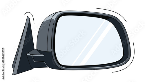 Modern automotive side view mirror for a vehicle showing reflection and housing isolated on a clean white background for parts.
