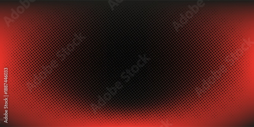 Inverted Dots Offset Halftone Pattern Round Frame Vector Red Black Abstract Background. Half Tone Graphics Abstraction Rounded Faded Subtle Texture. Retro Styled Wallpaper Dotted Art Illustration