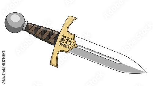 Medieval fantasy dagger with a gold hilt and brown leather wrapped handle isolated on a white background for gaming art.