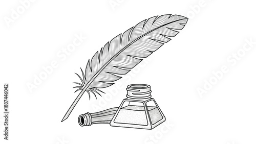 Classic vintage quill pen and open glass inkwell bottle sketch representing traditional writing and historical literature.